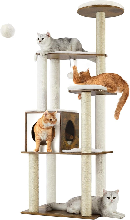 Woodywonders Cat Tree, 65-Inch Modern Cat Tower for Indoor Cats, Multi-Level Cat Condo with 5 Scratching Posts, Perch, Washable Removable Cushions, Cat Furniture, Rustic Brown UPCT166X01