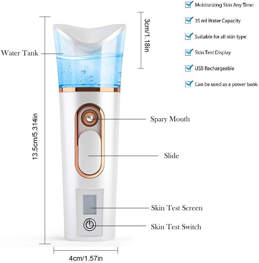 Handy Nano Mist Sprayer with Skin Analyzer Moisture Tester, Portable Facial Atomization Eyelash Extensions Steamer Mister,Mini Cool with Large Capacity,Face Moisturizing,Hydration Refreshing