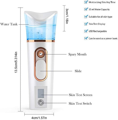 Handy Nano Mist Sprayer with Skin Analyzer Moisture Tester, Portable Facial Atomization Eyelash Extensions Steamer Mister,Mini Cool with Large Capacity,Face Moisturizing,Hydration Refreshing